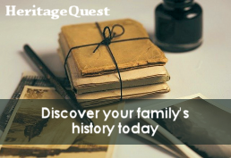 Bundle of old books with an ink well and pen captioned, Heritage Quest.  Discover your family's history today.
