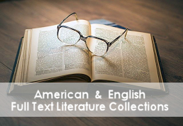 Open book on a wood table with eye glasses on top captioned American & English Full Test Literature Collections"