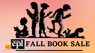 Text: EPL "Fall Book Sale" with silhouettes of people reading