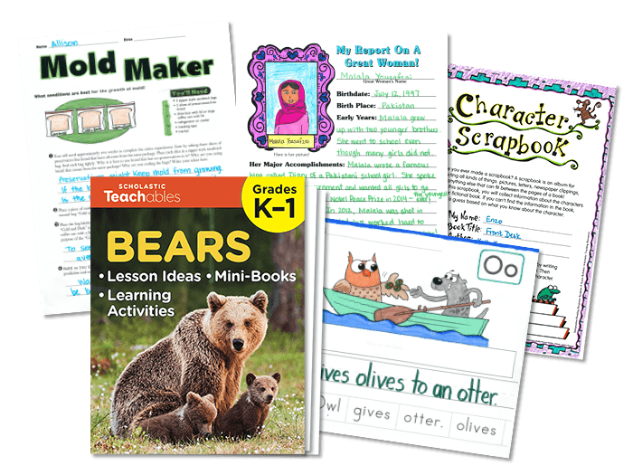 Completed Teachables worksheets and lessons about bears, Malala Yousafzai, characters, mold making, and otters